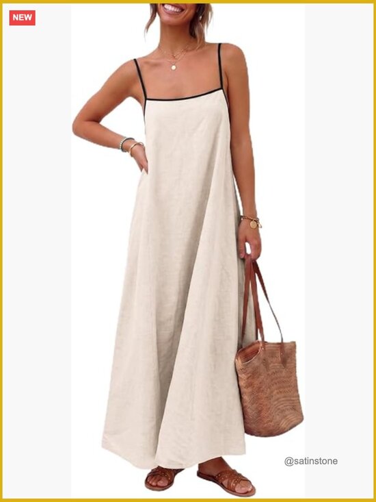 Dresses & Skirts - Linen Blend Maxi Dress with Pockets - Backless Spaghetti Strap